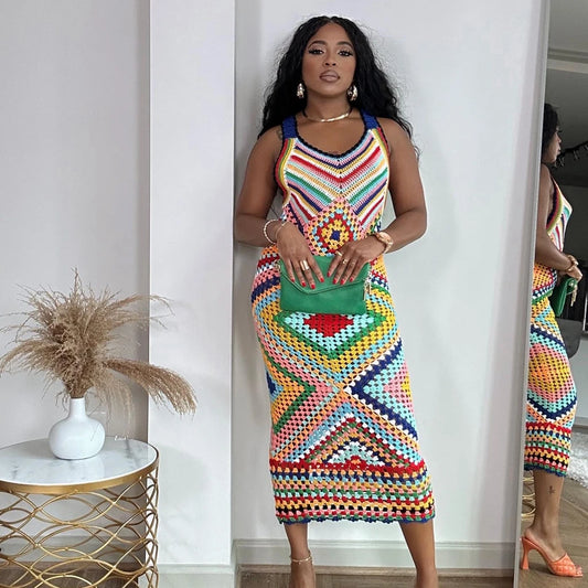 Women’s Summer Boho Handmade Crochet Maxi Dress — Colorful Racerback Knit Long Cover‑Up for Vacation & Beachwear