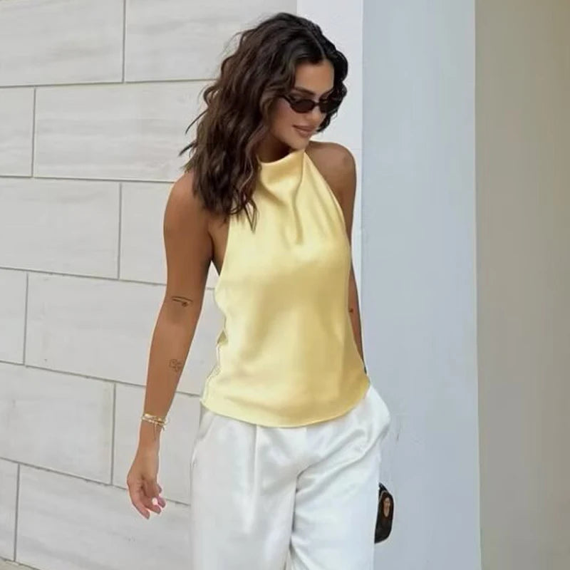Women’s Satin Halter Backless Corset Top – Elegant Summer Sleeveless Tank in Yellow, Pink, Black
