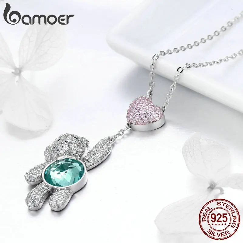 BAMOER 100% 925 Sterling Silver Pink CZ Heart And Cute Bear Animal Pendant Necklaces for Women Silver Jewelry Gift SCN271