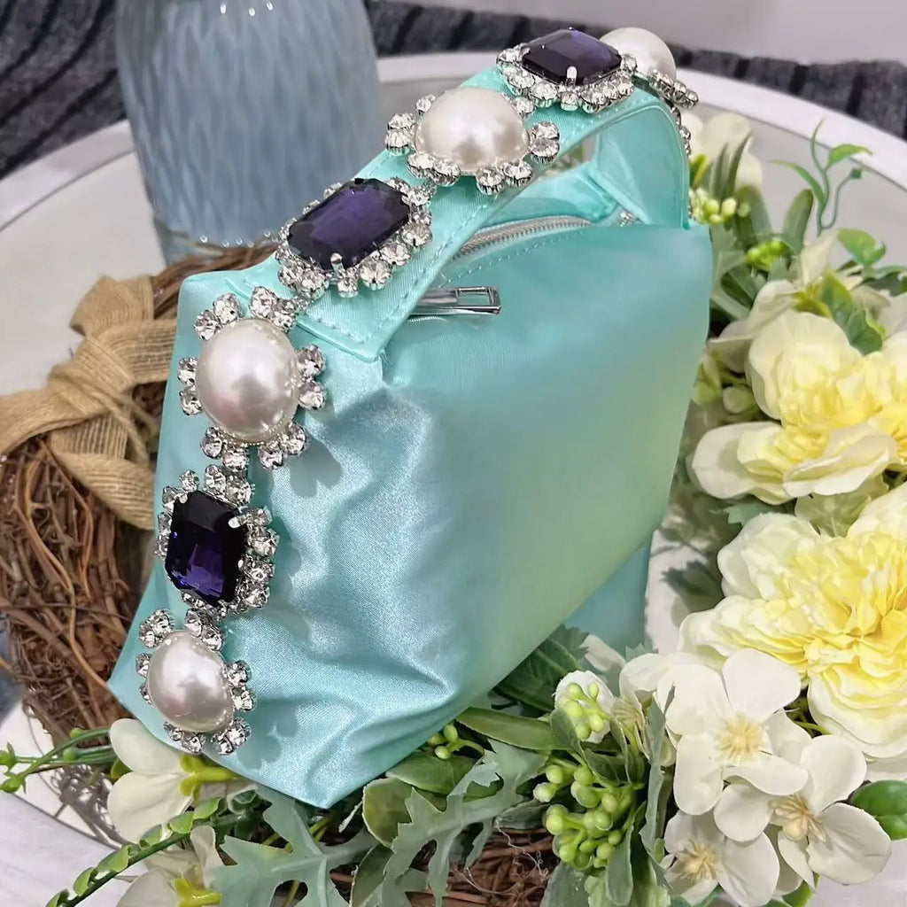 Luxury Designer Pearl Beaded Satin Hobo Bag Women Handbag Rhinestone Diamond Evening Bag Wedding Party Clutch Purse Shoulder Bag