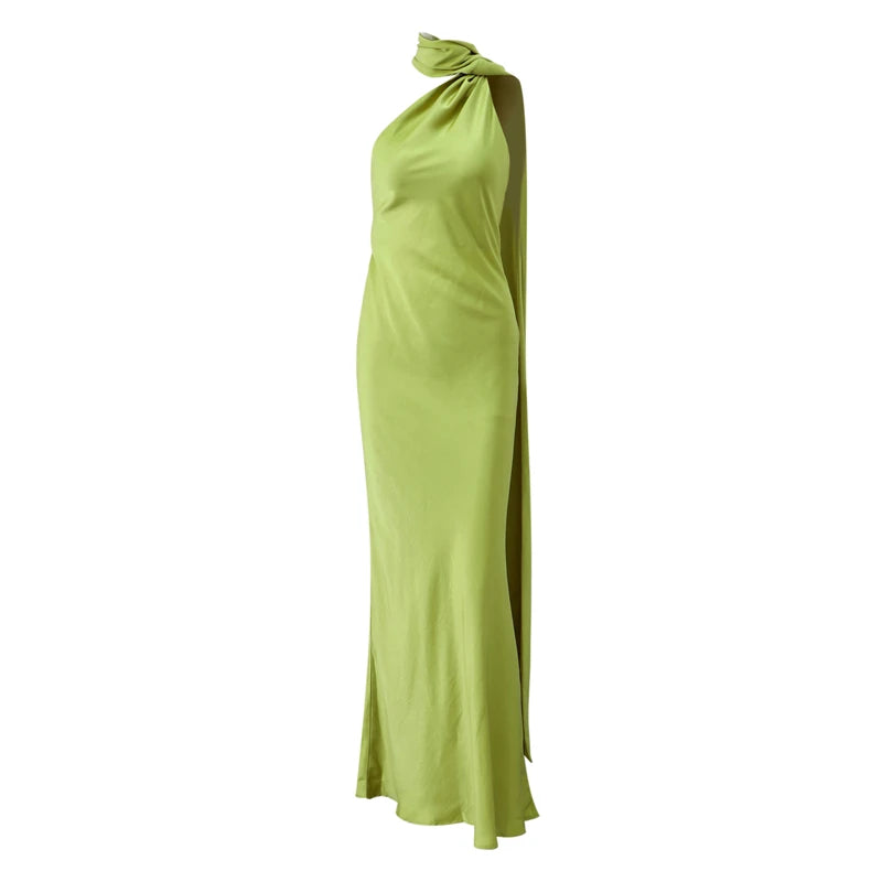 Sexy Satin Halter Long Dress Women Solid Backless Off Shoulder Slim Dresses High Waist Party Evening Robes
