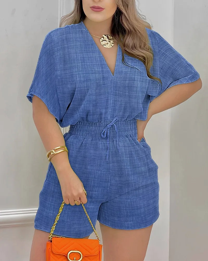 Jumpsuit Women Summer Women Loose Casual Printing Jumpsuit 2024Elegant Women Fashion V-neck Short Sleeve Waist Shorts Jumpsuit