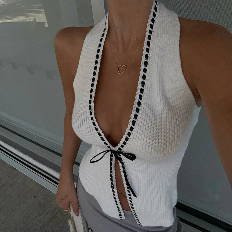 Sweet Tank Tops Women White Knit Deep V Neck Sexy 2025 Summer Ladies Soft Slim Crop Tops Female Off Shoulder Vintage Solid Vest