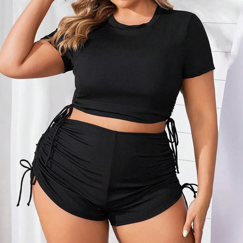 Women’s Plus‑Size Blouson Bikini Set – Solid Drawstring Top & High‑Waist Shorts Swimsuit 2026