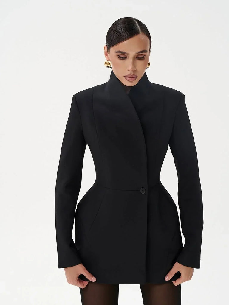 Women Waist Cinching Suit Jacket Elegant V-neck Full Sleeve Single Button Shoulder Pad Slim Coat Fashion Lady Commute Outerwear