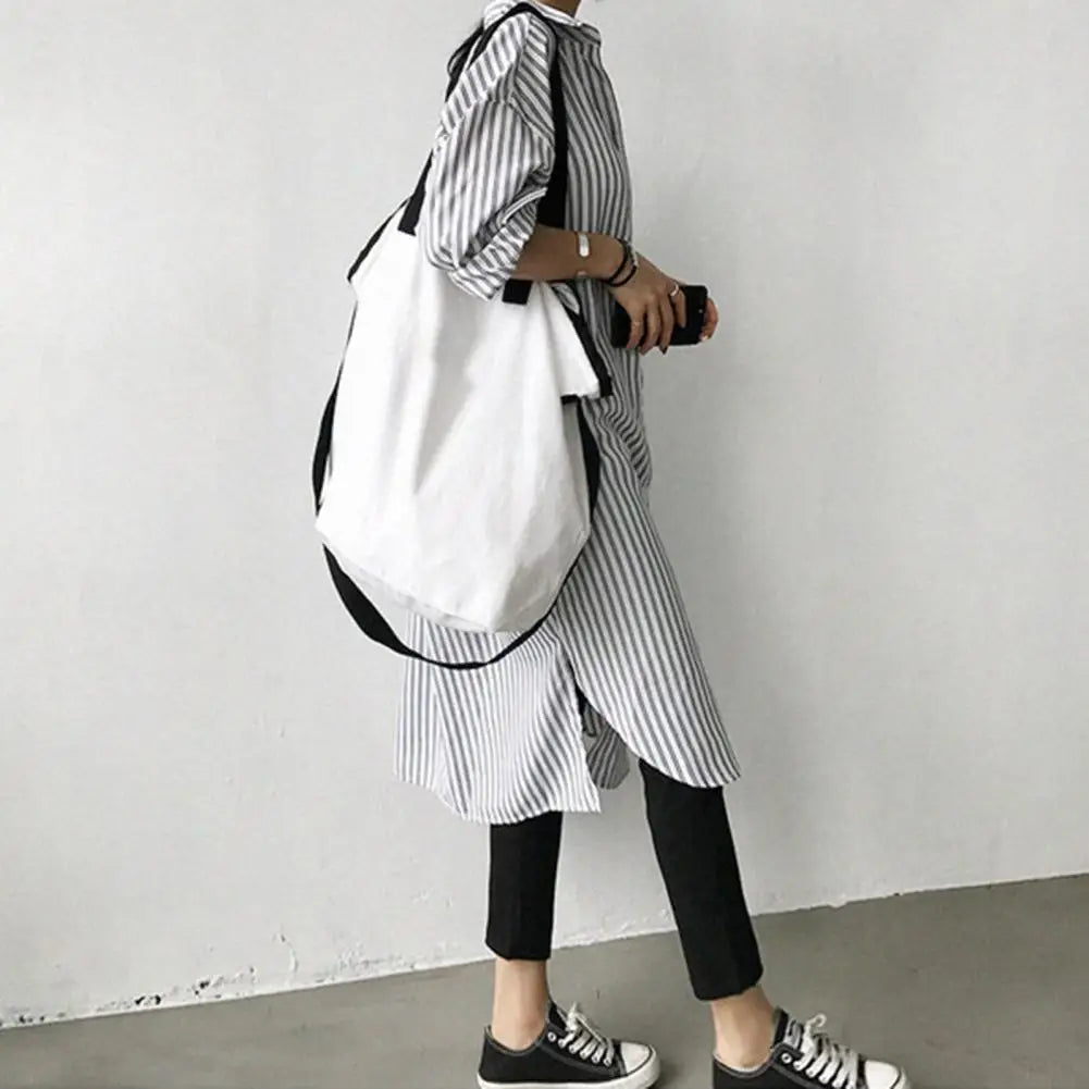 Spring Lady Shirt Contrast Color Striped Print Long Sleeves Single-breasted Cardigan Blouse Split Hem Long Blouse Lady Clothing