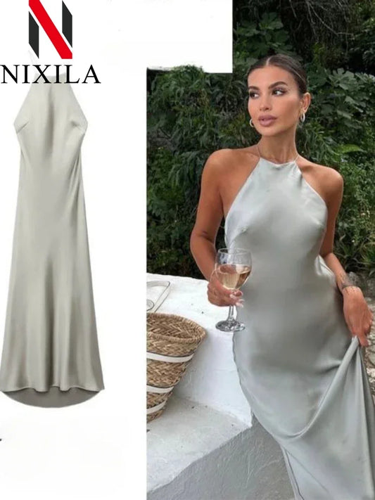 New Spring Summer Satin Feeling Maxi Dress — Sleeveless Draped Banquet Evening Gown