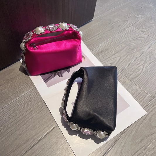 Luxury Designer Pearl Beaded Satin Hobo Bag Women Handbag Rhinestone Diamond Evening Bag Wedding Party Clutch Purse Shoulder Bag