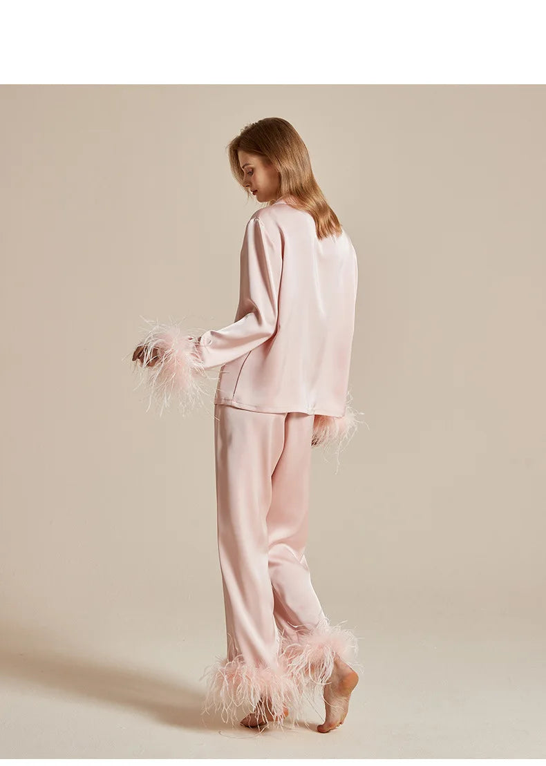 luxury feather‑trim satin pajama set