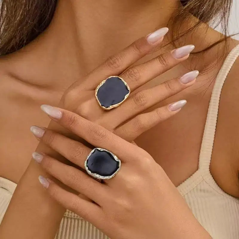 Bohemian Metal Big Black Stone Ring – Gothic Vintage Statement Jewelry for Men & Women