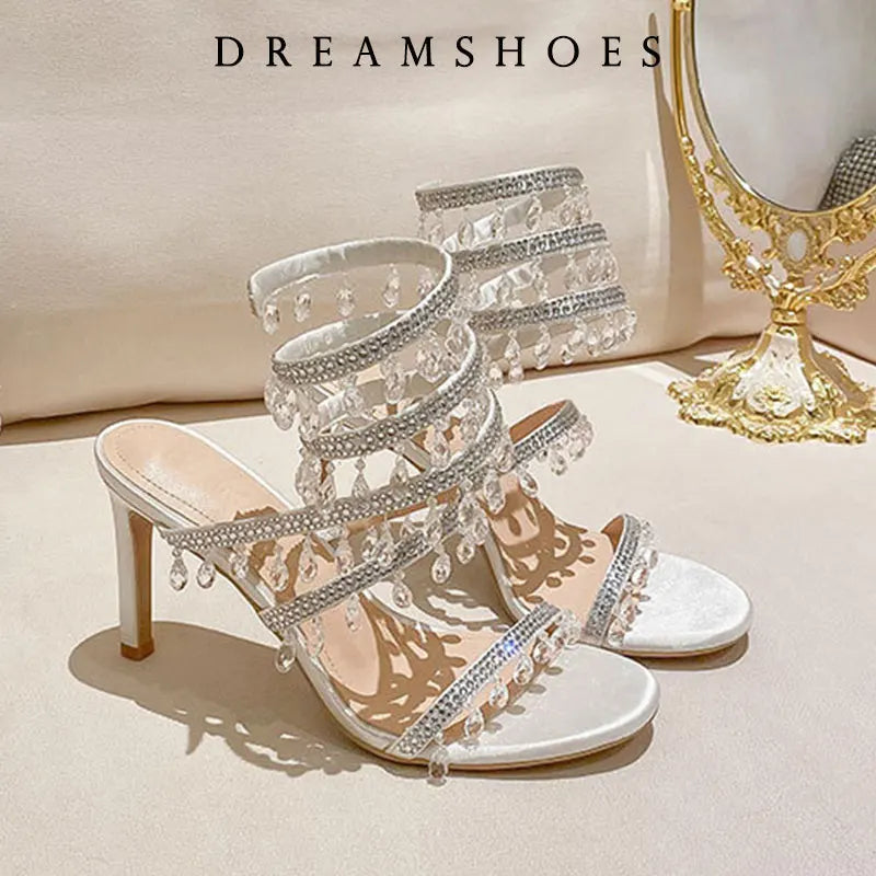 2025 Spring/Summer New Water Diamond Jewel Wrist Wrapped Snake-shaped High Heel Sandals Sexy Large Size Shoe Girl Women Sandals