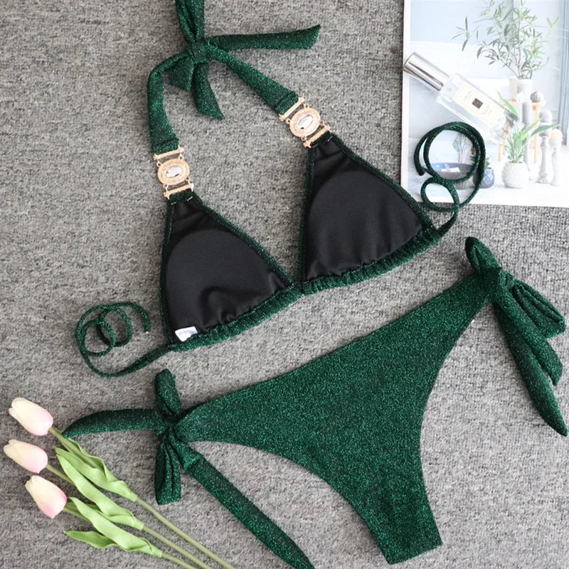 Women’s 2026 Rhinestone Diamond Bikini – Halter Chain Two‑Piece Swimsuit, Sexy Shiny Brazilian Swimwear