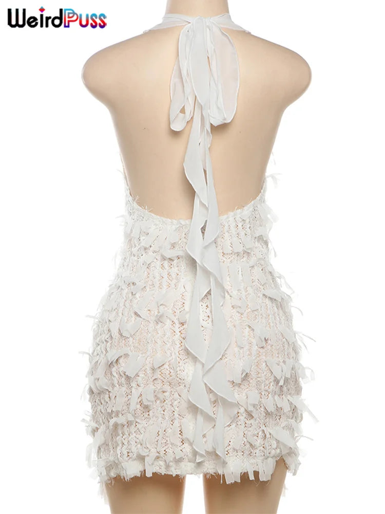 Weird Puss Sexy Halter Tassel Dress Women Y2K Elegant See Through Summer Trend Backless Skinny Stretch Midnight Bodycon Clubwear