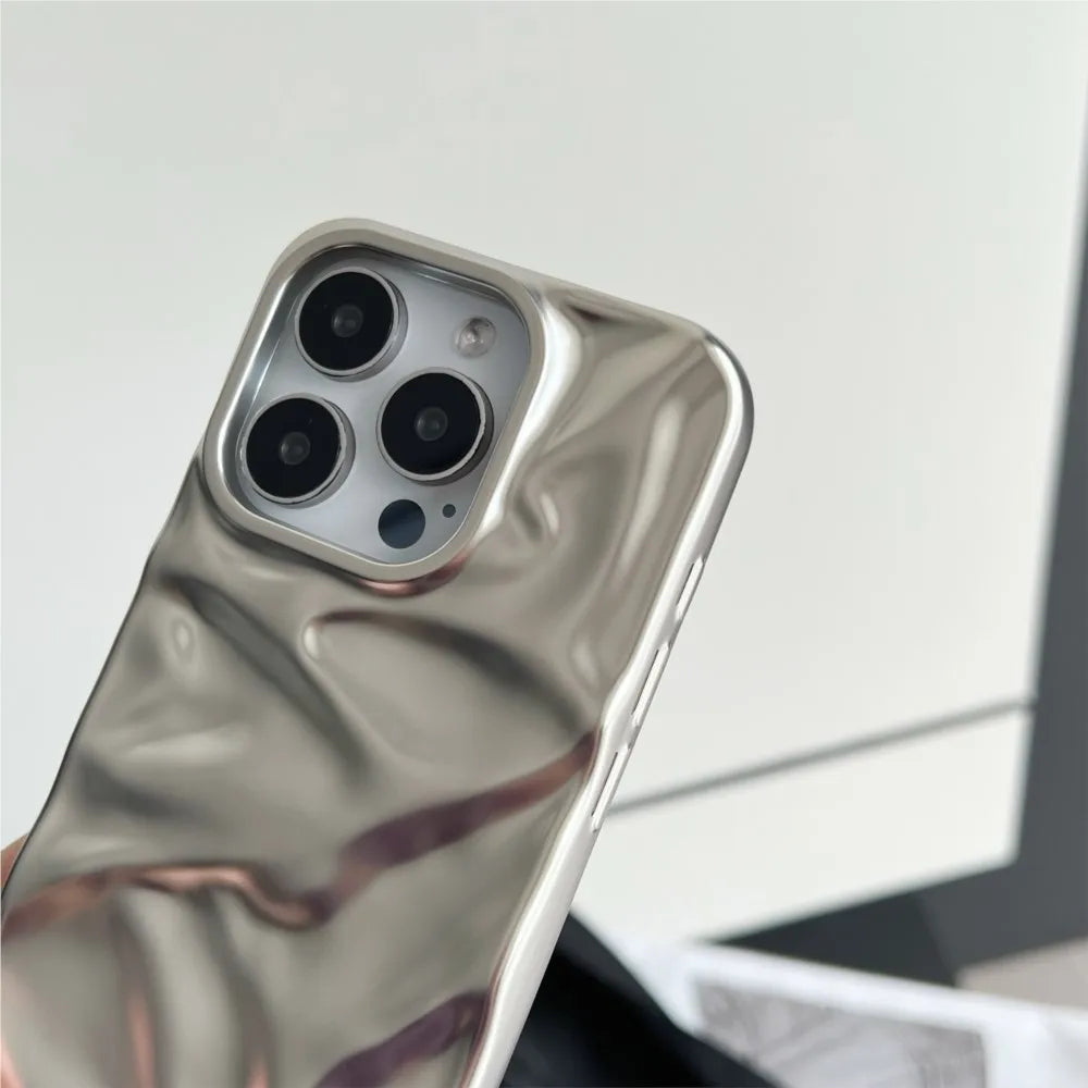 Luxury Matte Silver Water Ripple Phone Case For iPhone 16 15 14 Plus 13 12 Pro Max 11 Creative Frosted Wrinkle Shockproof Cover