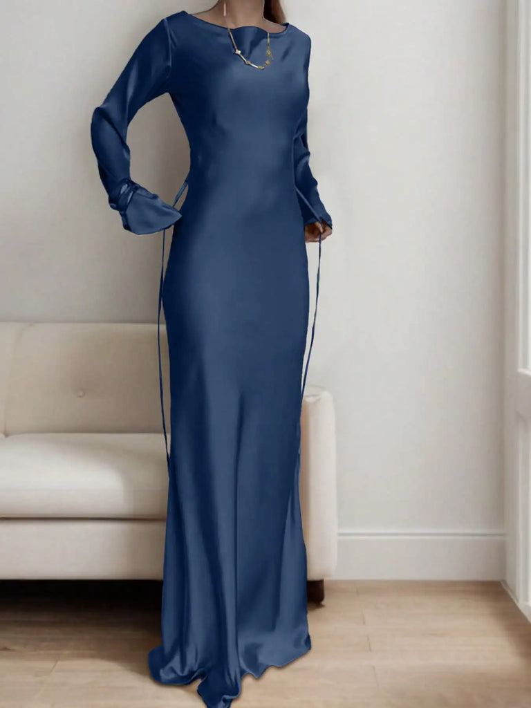 Women’s Bespoke Satin Maxi Dress – Corset Waist Tie, Round Neck & Flared Sleeves | Luxury Evening Gown 2026