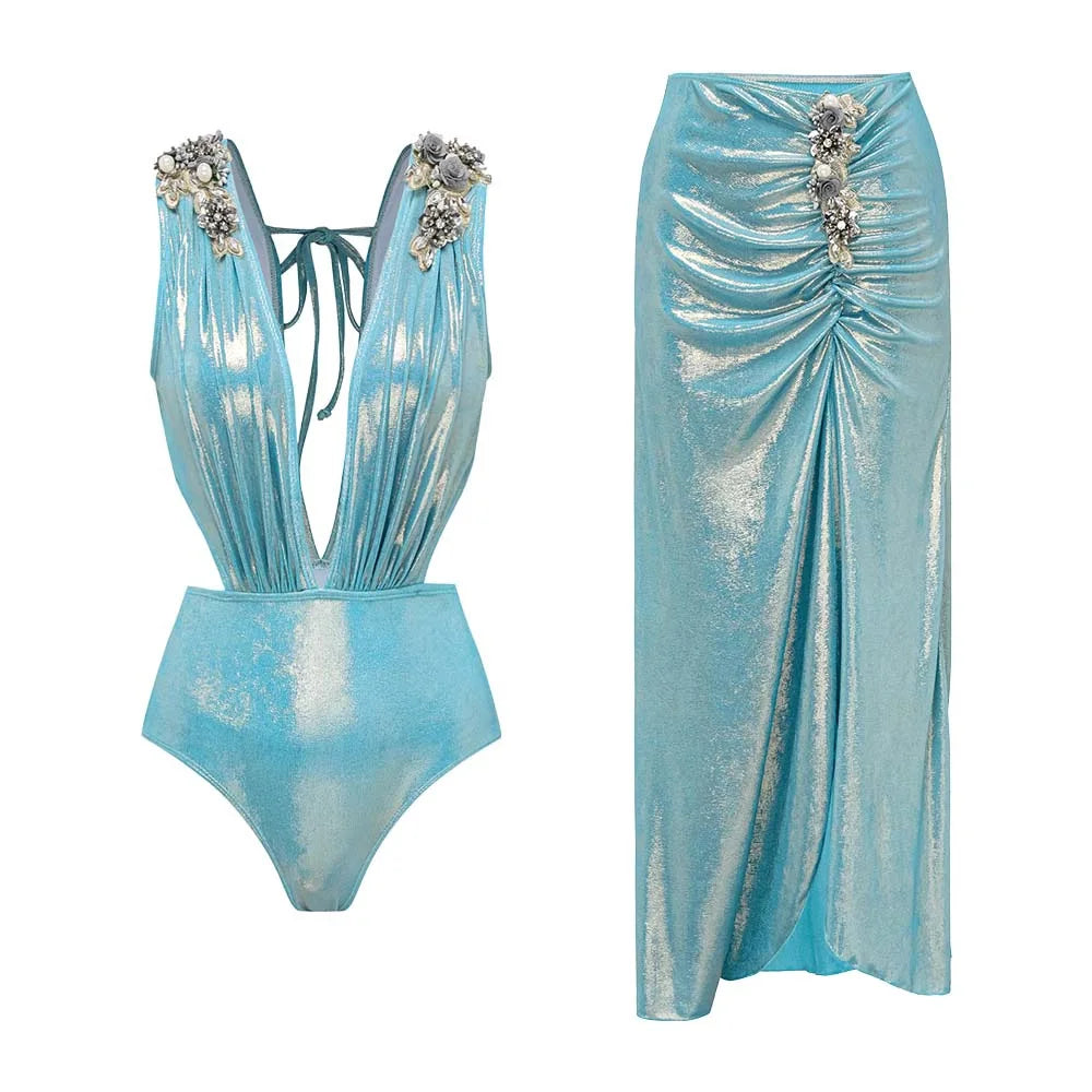 Women’s Printed Ruffle Splice Bikini Bodysuit with Skirt — Summer Beach Cover‑Up Holiday Swimwear Outfit