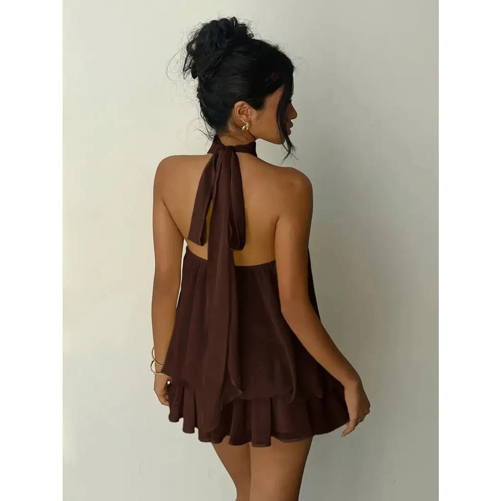 Women’s Backless Halter Neck Dress – Tie‑Front Chiffon Sheer Mini Skirt, Sexy Y2K Vintage Party Dress
