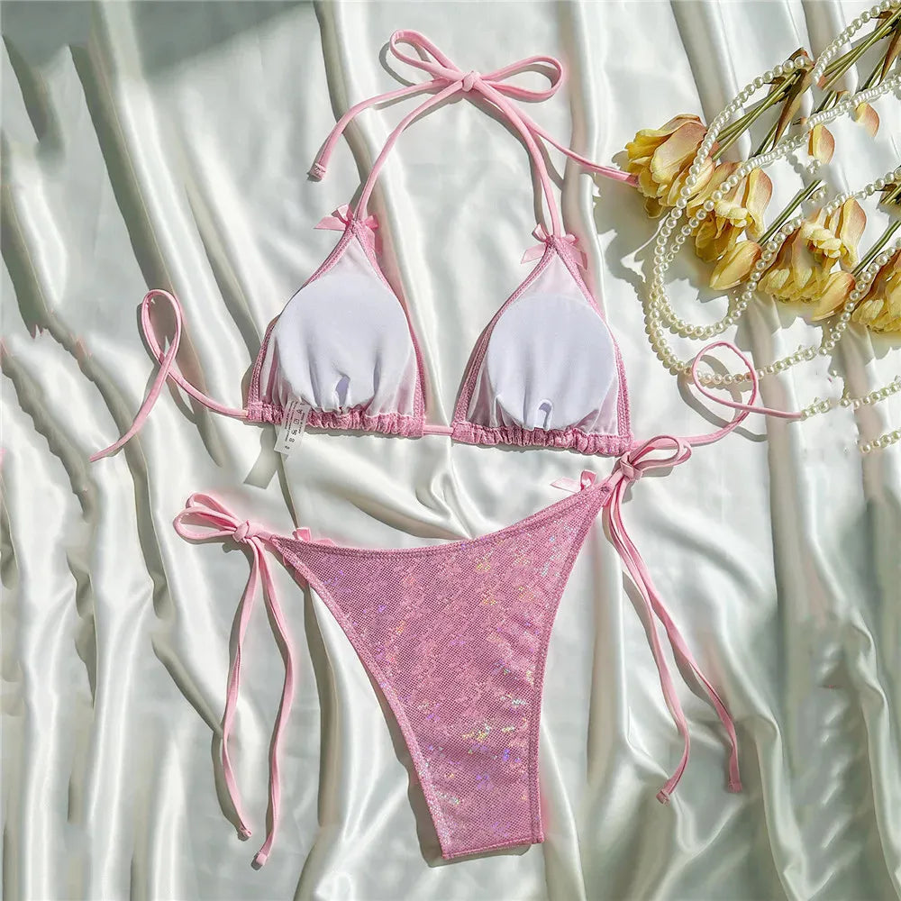 Yellow Halter String Triangle Micro Bikini Thong Solid Swimwears Micro Thong Sexy Swimsuit Women Bathing Suit Bikinis Sets 2025