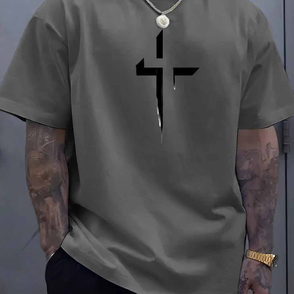 Men’s 100% Cotton Cross‑Print T‑Shirt – Loose Plus‑Size Summer Sports Tee | Comfortable Round‑Neck Casual Top