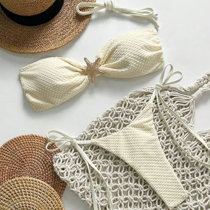 Women’s Solid Lace‑Up Bikini – European/American Fresh‑Style Split Swimsuit | 2026 Summer Beachwear