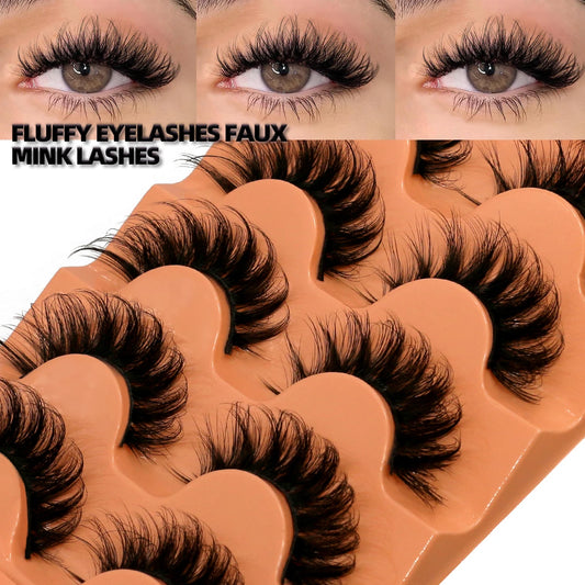 GROINNEYA Fluffy Lashes 5 Pairs D Curl 3D Mink False Eyelashes Thick Volume Russian Strip Lashes Mink Lashes Faux Natural Fake L