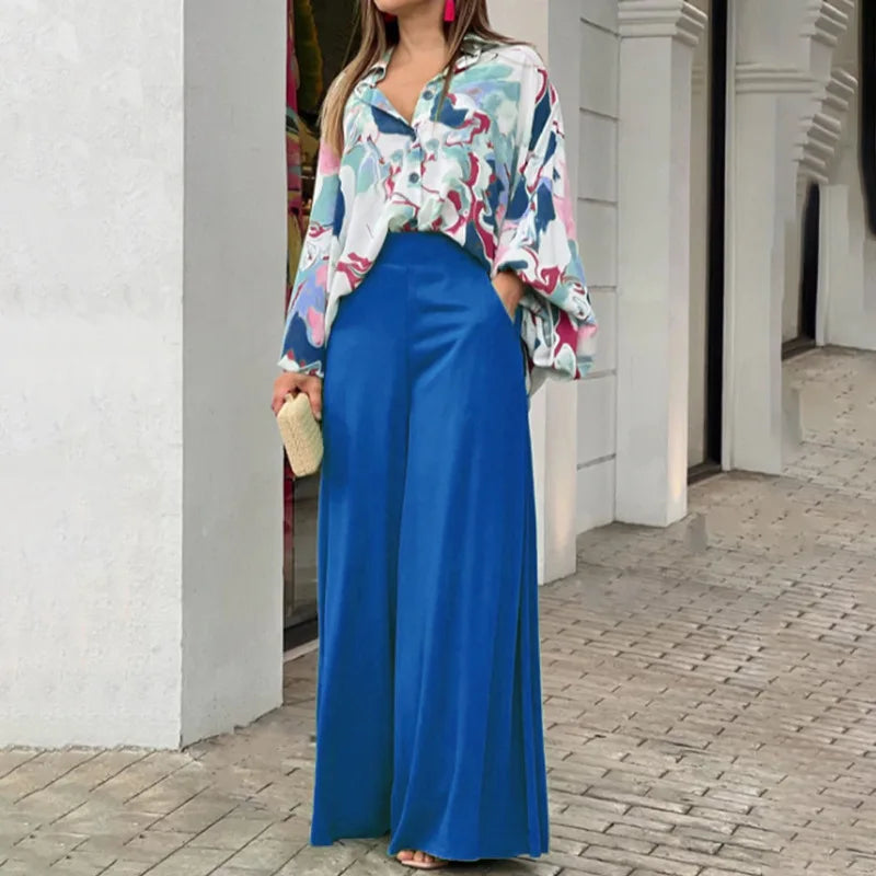 Spring And Autumn For Women's Printed Long Sleeved Shirt Set Casual Fashion Elegant Wide Leg Trousers Female Office 2 Piece Set