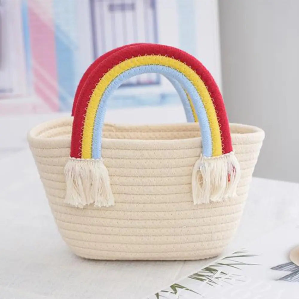 Rainbow Cotton Rope Woven Bag Handbag Girls Handmade Desktop Storage Basket Cosmetic Organizert Box Picnic Basket