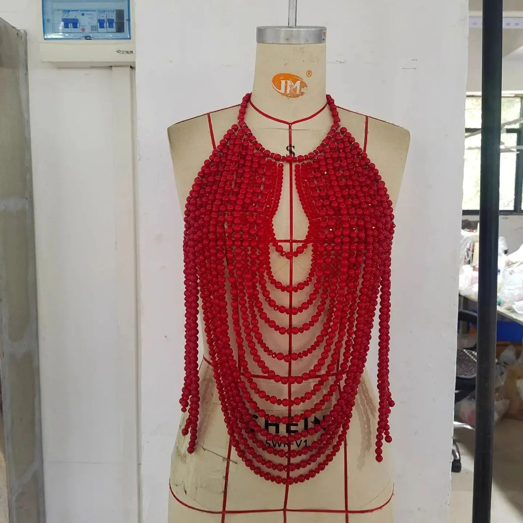 2025 Red Heavy Metal Beaded Body Chain — Y2K Cutout Sexy Nightclub Party Top for Women