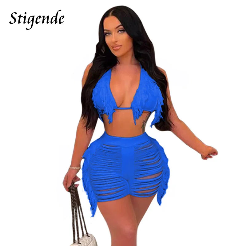 Stigende Women Fringe Tassel Bikini Shorts Set Hollow Out Jamaican Crochet Swimwear Summer Beach Knitted Cover Up Swimsuit