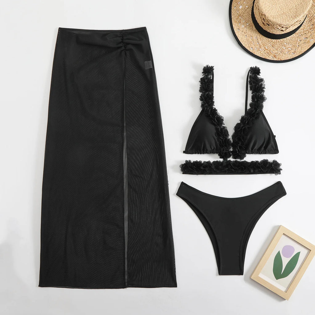 Floral Edge 3‑Piece Bikini Set with Mesh Skirt – 3D Flowers, V‑Neck Women’s Swimwear, Padded Bather, Summer Beach Biquini