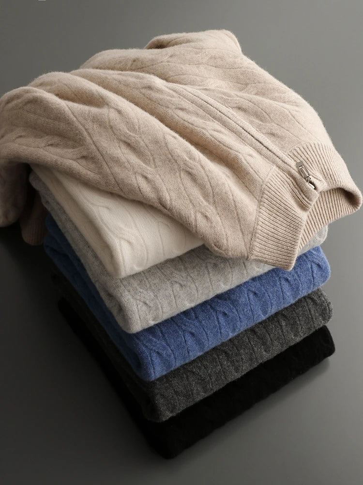 Autumn Winter Men Half Zippers 100% Merino Wool Sweater Thicken Twist Flower Pullover Retro Casual Cashmere Knitwear Solid Tops