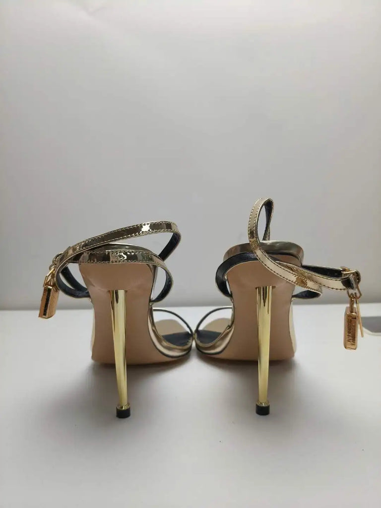 2025 New Sexy Gold Padlock High Heels One Word Buckle Open Toe Thin Heels Leather Shoes Ankle Strap Gladiator Sandal 44