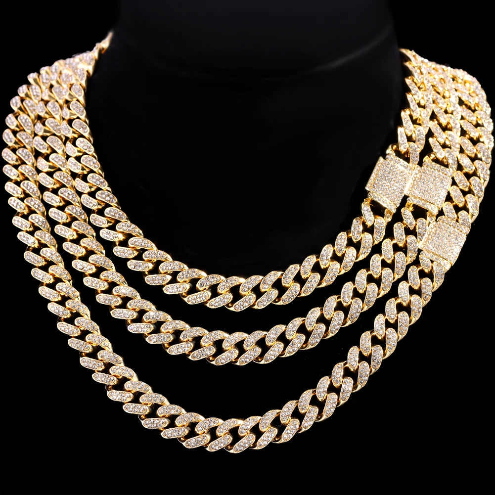 HipHop Men Iced Out Cuban Link Chain Necklace 13/14/20MM Gold Silver Color AAAA+ Rhinestone Cuba Necklace Men's Birthday Jewelry