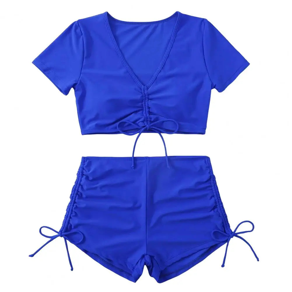 Solid Color Swimwear Stylish Women's Summer Bikini Set with V-neck Short Sleeve Tops High Waist Drawstring Swimming for Beach