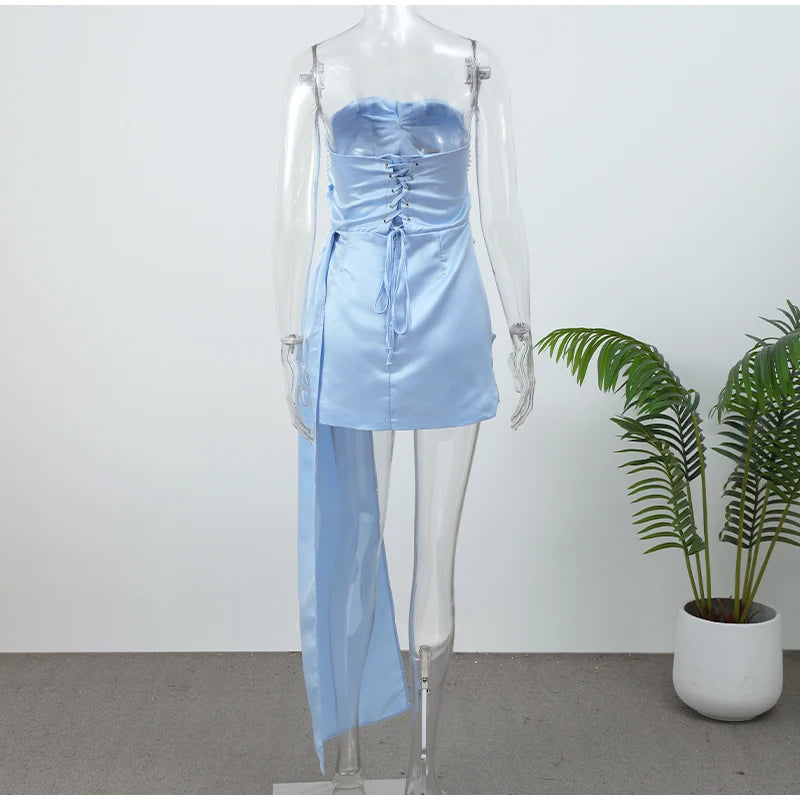 Irregular Shawl Blue Maxi Dress – Women’s 2025 Slim‑Fit Turtleneck Pleated Evening Party Dress
