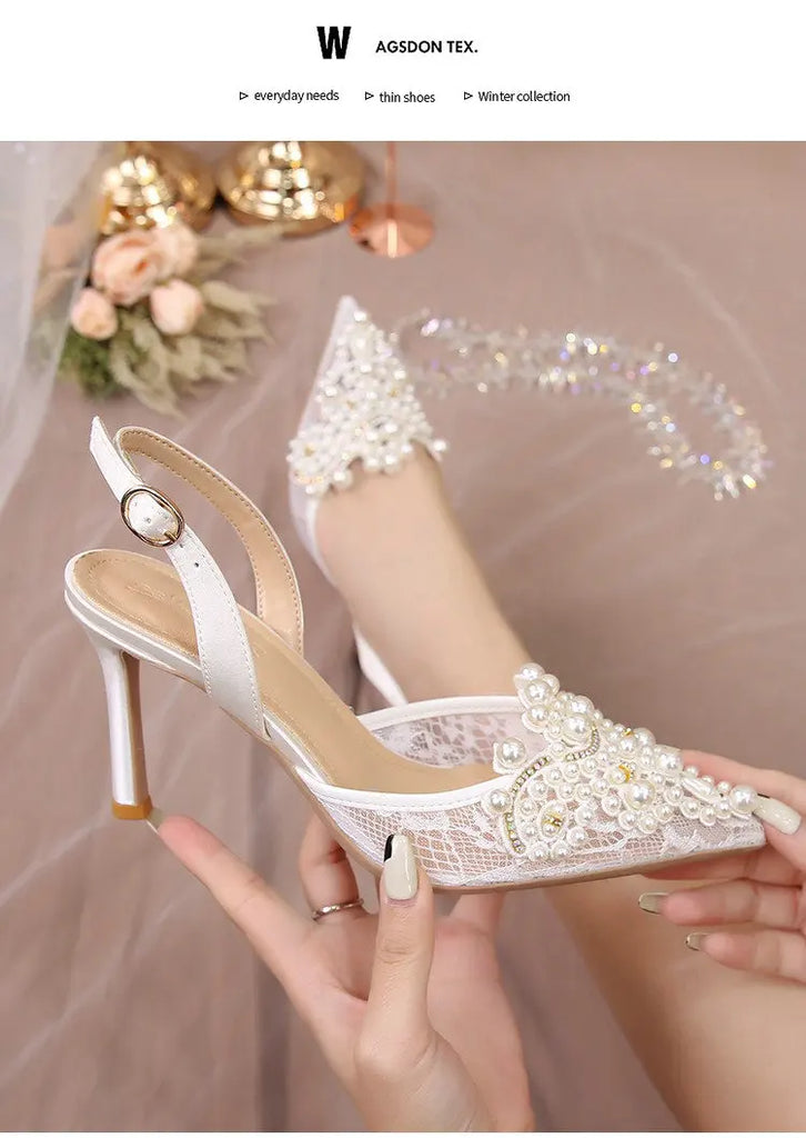 2025 White Wedding Shoes Bridesmaid Shoes Women's Lace Shoes Fashion High Heels Pearl Pumps