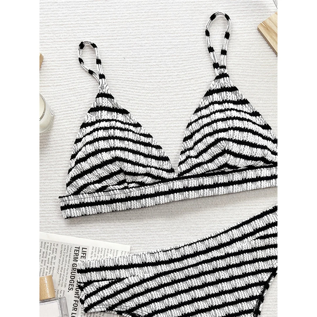 Black & White Striped High‑Waist Bikini – Sexy Two‑Piece Women’s Swimsuit