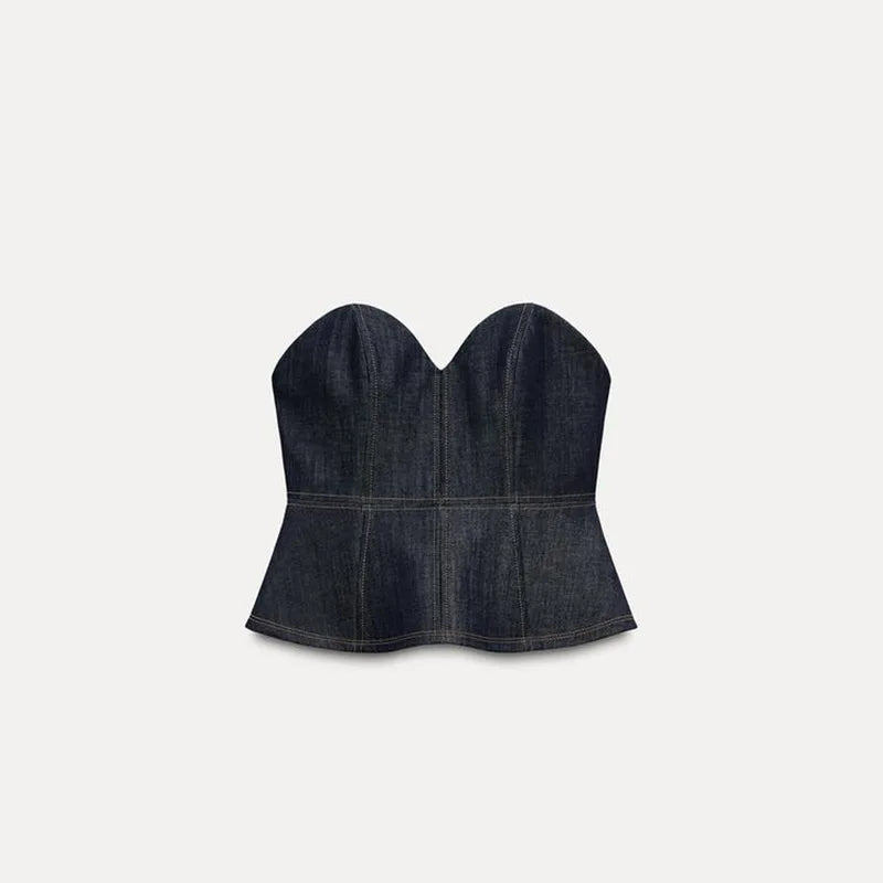 Elegant Denim Blazer Vest Pants Set Women Single-breasted V-Neck Suit Coat Strapless Tanks Straight Leg Jeans 2025 New Lady Suit