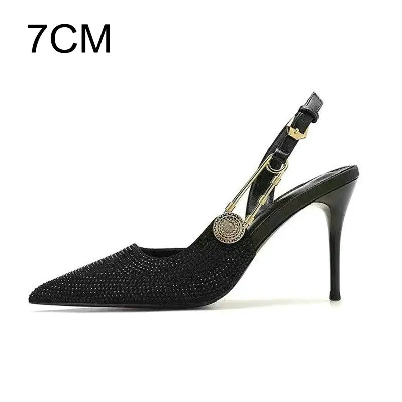 Bling Diamond High Heels Women 2025 Spring Pumps New Pointy Head After Empty Sexy Metal Girl Temperament Baotou French Sandals