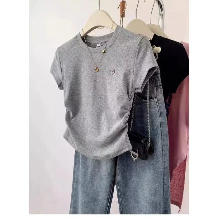 Grey Heart Embroidery Cropped Short Sleeve T-shirt Women's Summer 2024 New Design Sensibility Slims You Smooths Your Silhouette