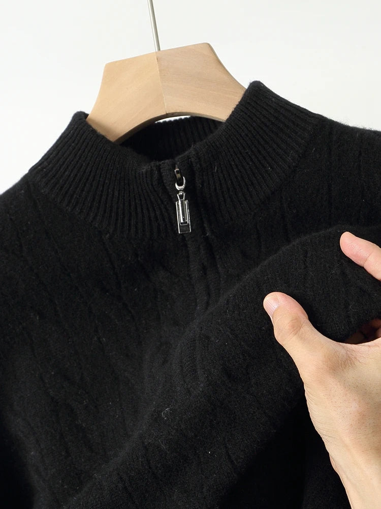 Autumn Winter Men Half Zippers 100% Merino Wool Sweater Thicken Twist Flower Pullover Retro Casual Cashmere Knitwear Solid Tops