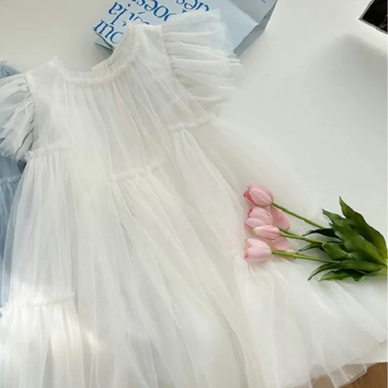Fashion Baby Girl Princess Tutu Long Dress Fly Sleeve Infant Toddler Mesh Tulle Vestido Party Pageant Birthday Ball Gown 1-12Y