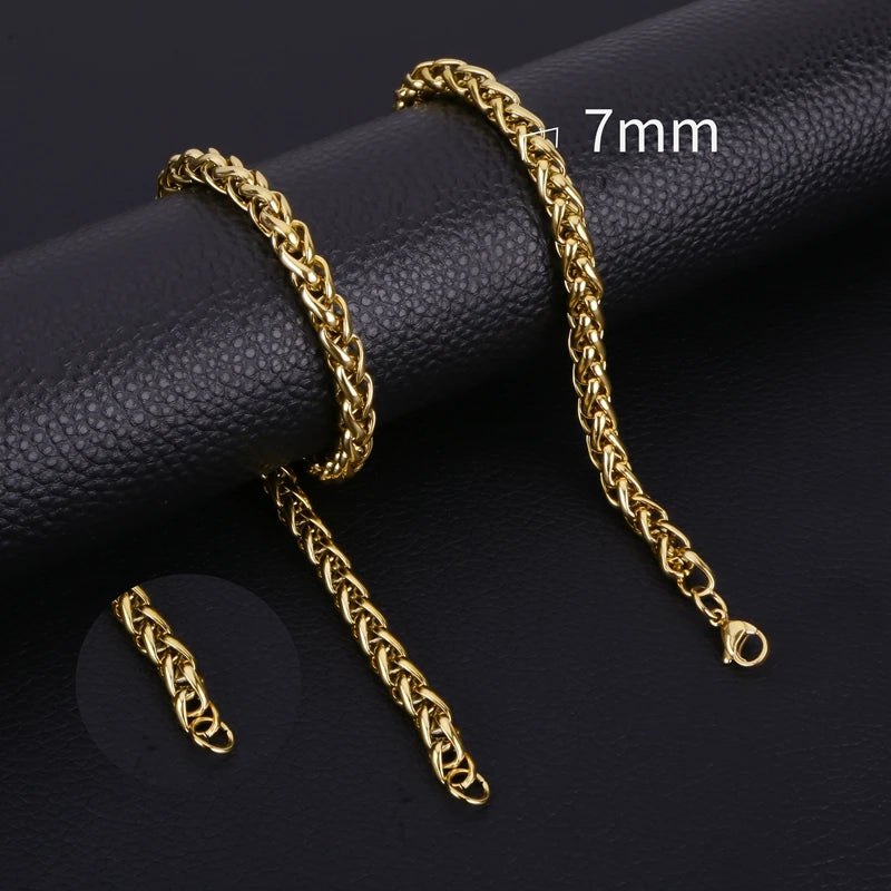 HIYEE Thickness 3/4/5/6/7/8mm Gold Color Wheat Braided Stainless Steel Necklace Link Classic Curb Chain for Men Women Jewelry