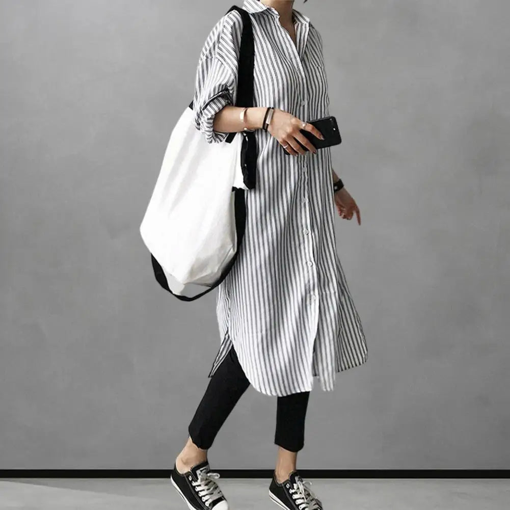 Spring Lady Shirt Contrast Color Striped Print Long Sleeves Single-breasted Cardigan Blouse Split Hem Long Blouse Lady Clothing