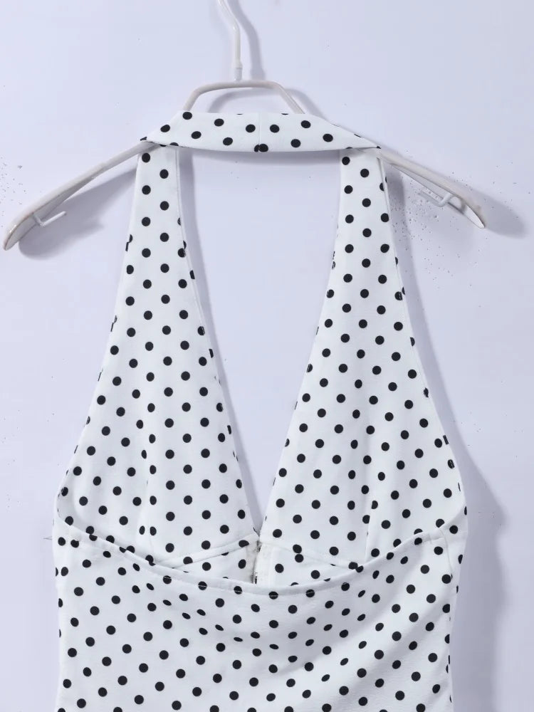 Women’s Retro Polka‑Dot Halter V‑Neck Set