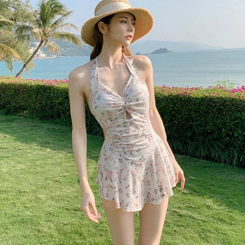 Women’s Hanging‑Neck One‑Piece Swimsuit & High‑Waist Bikini Set – Cute Beach Dress Swimwear