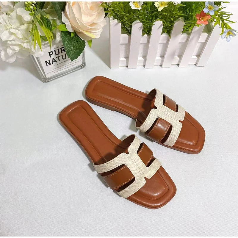 Women’s French Square Toe Slides — Multicolor H‑Slippers Summer Beach Sandals High‑Quality Designer Style