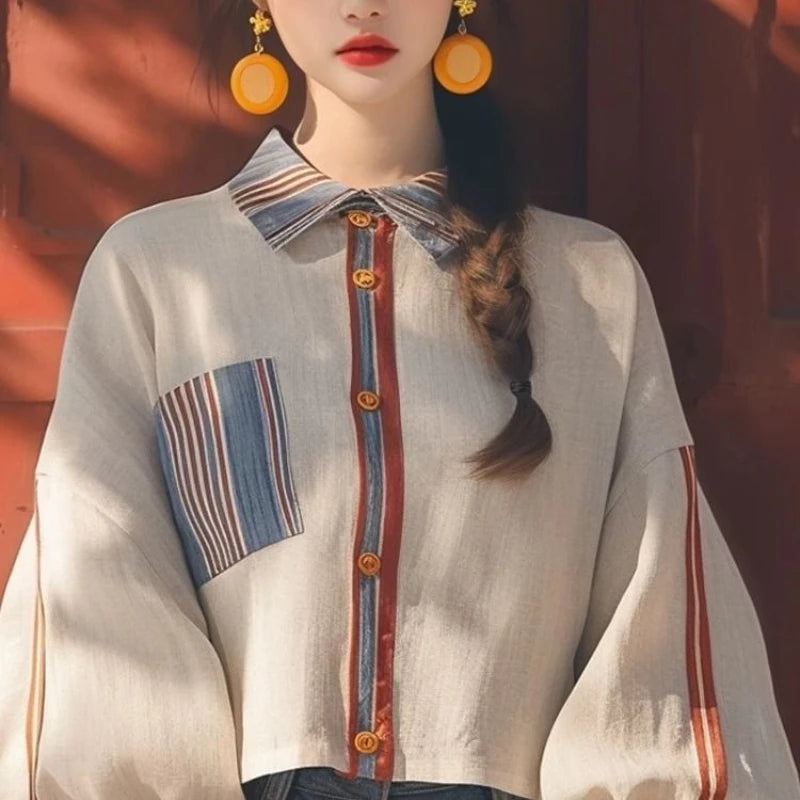 Vintage Women's Shirts Spring/summer New Chiffon Striped Women Blouses Loose Long Sleeve Top Patchwork Korean Clothing Sales