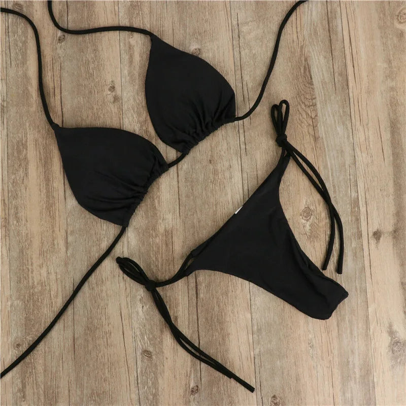 Women’s 2025 Solid Halter Triangle Bikini – Two‑Piece Thong Swimsuit for Summer Beachwear