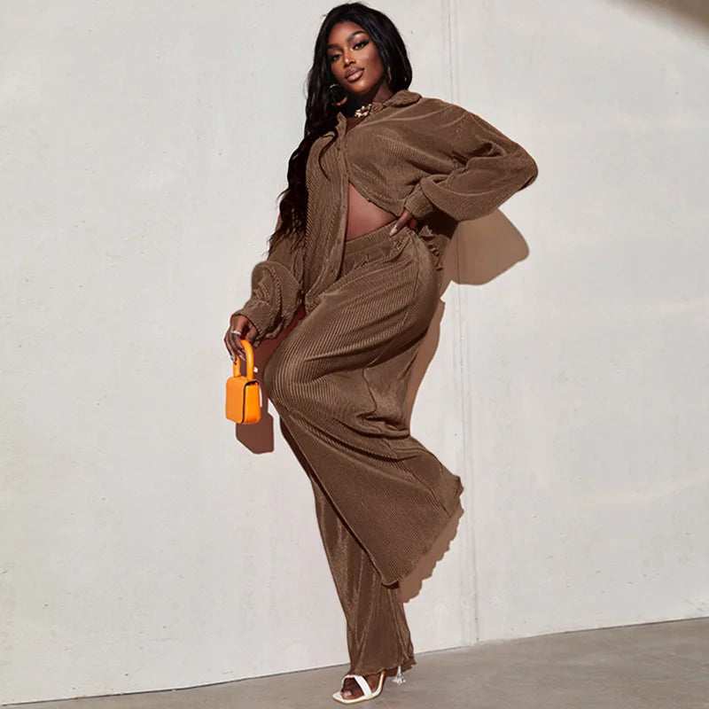 CM.YAYA Street Women's Set Long Sleeve Shirt Tops and Wide Leg Pants Elegant Tracksuit Two Piece Set Sweatsuit Fitness Outfits